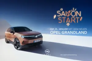 links Auto, nebenstehender Text rechts: Saison Start am 25. Januar mit dem neuen Opel Grandland